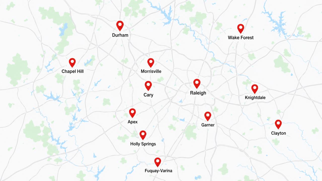 Map of the Raleigh-Durham area showing WildlifeZo Movers service coverage